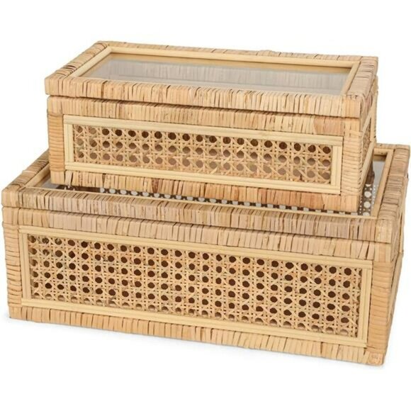 Boho Rattan Display Storage Boxes Set Decorative Organizer with Glass Lids - Picture 1 of 8
